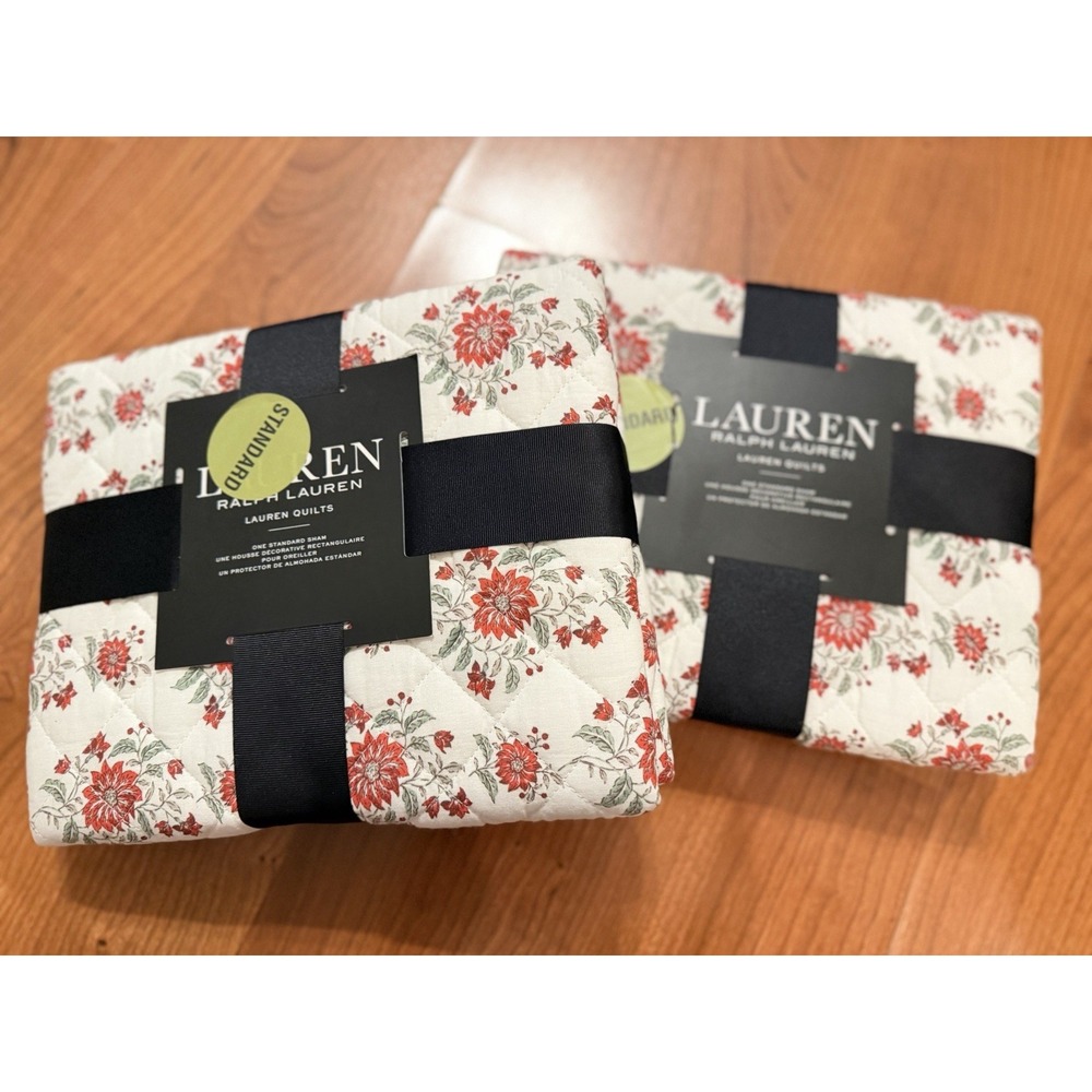NEW 2 Ralph Lauren Pillow Shams Standard Quilted Maren Cotton Red White Floral